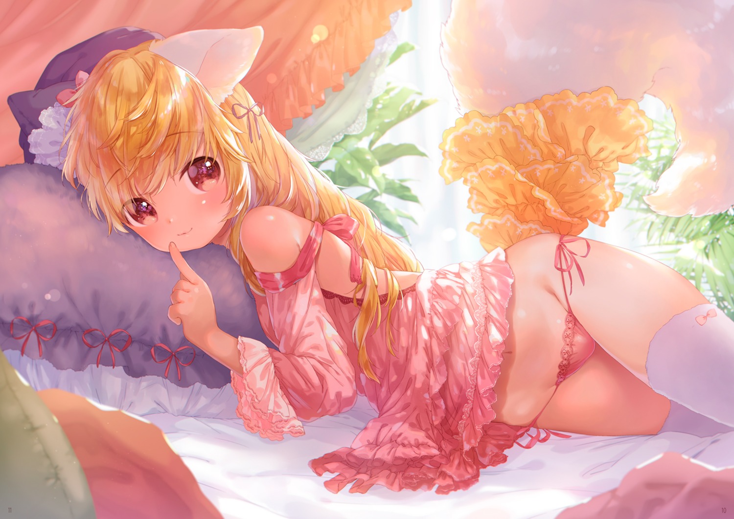 animal_ears dress loli mutou_mato pantsu skirt_lift string_panties tail thighhighs