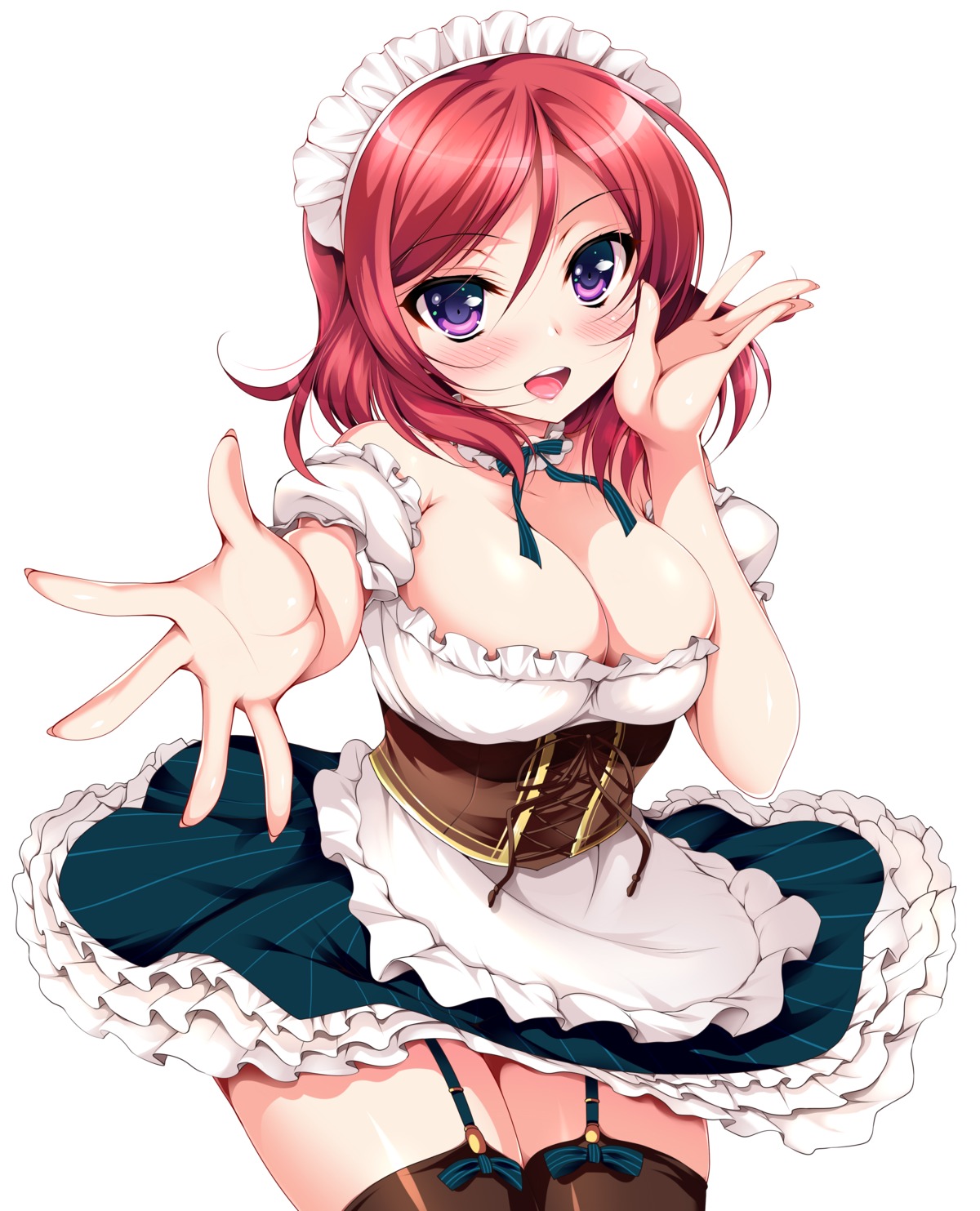 cleavage love_live! maid ninoko nishikino_maki stockings thighhighs waitress