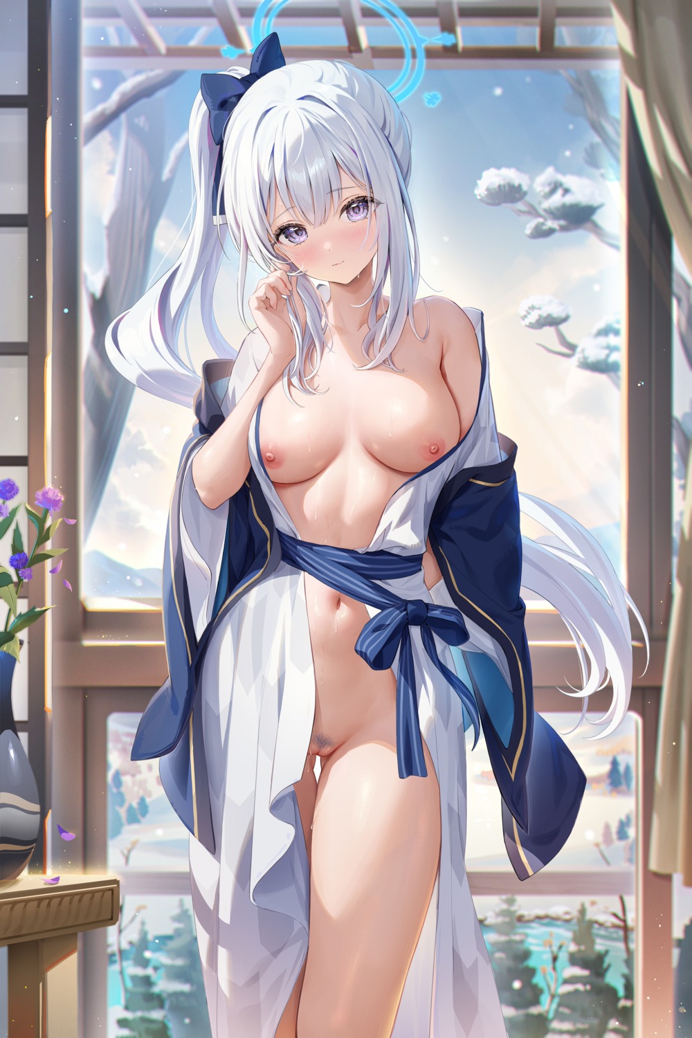 blue_archive breasts halo houkisei nipples no_bra nopan open_shirt pubic_hair pussy tsukiyuki_miyako uncensored wet yukata