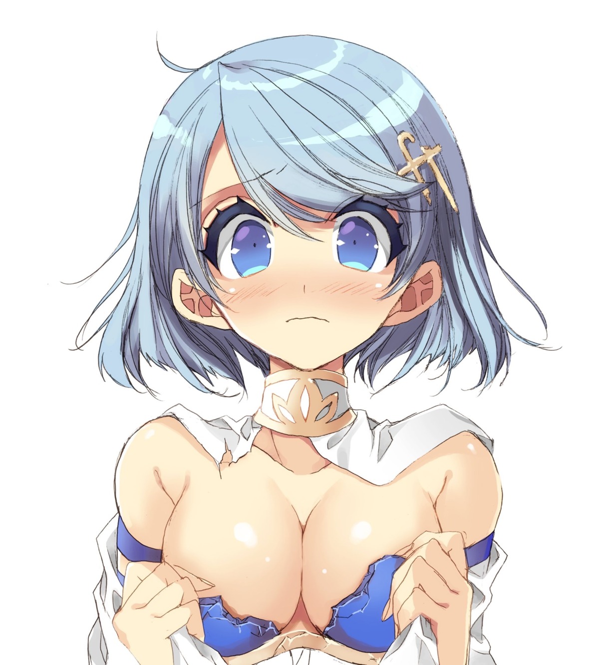 bikini_armor breast_hold cleavage mahou_shoujo_madoka_magica miki_sayaka misteor open_shirt torn_clothes undressing