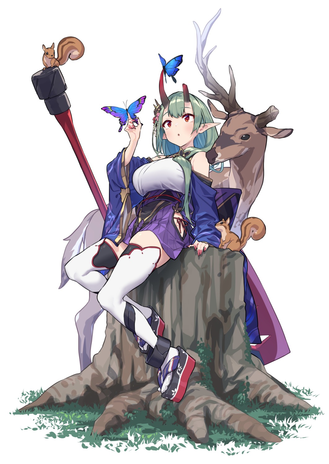baffu horns japanese_clothes pointy_ears thighhighs weapon