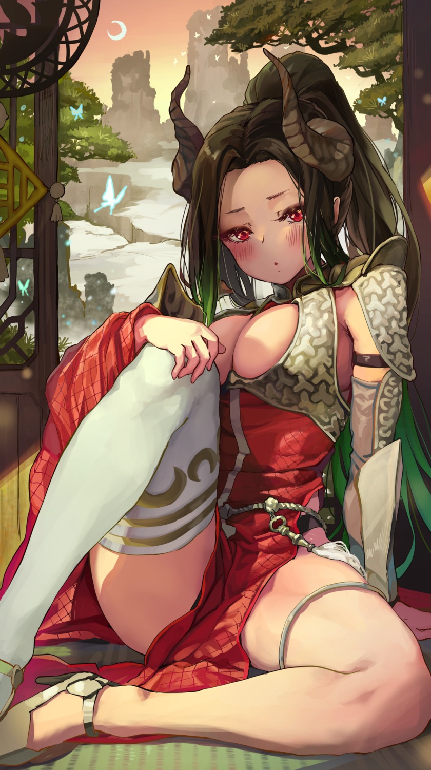 armor asian_clothes garter heels horns melaton no_bra thighhighs