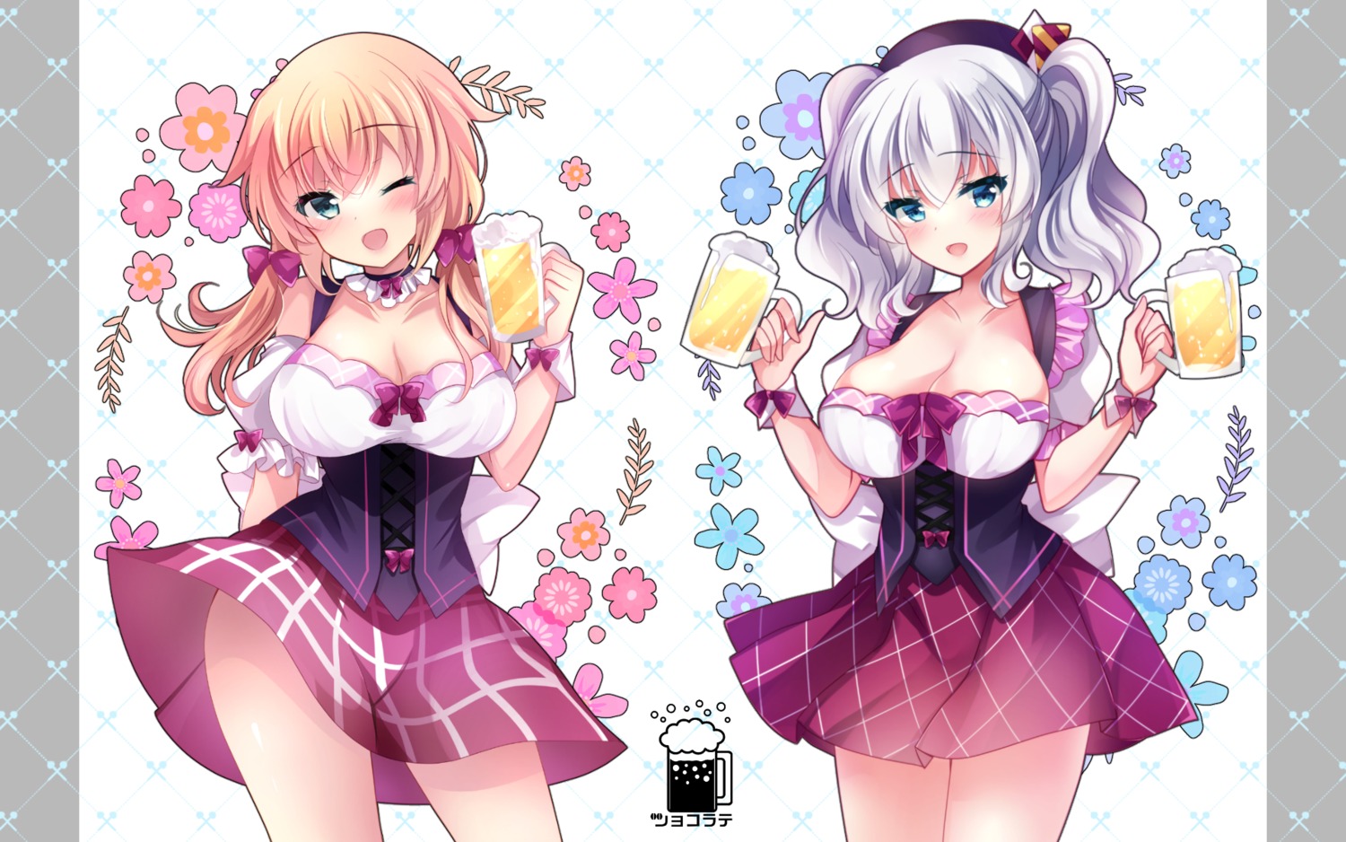 cleavage ichiyou_moka kantai_collection kashima_(kancolle) prinz_eugen_(kancolle) skirt_lift waitress wallpaper