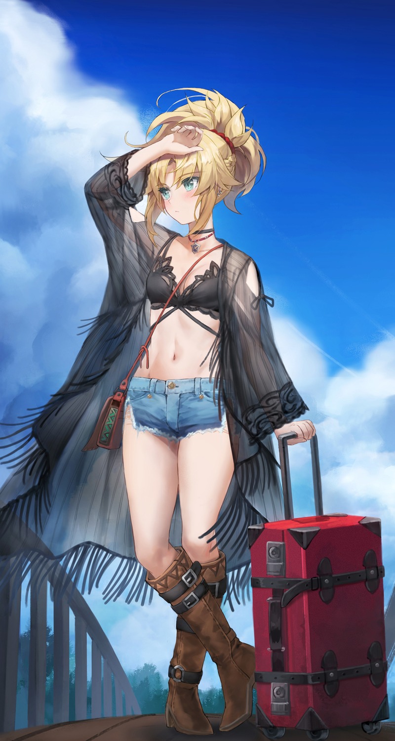 bra fate/apocrypha fate/stay_night heels mordred_(fate) open_shirt see_through tonee torn_clothes