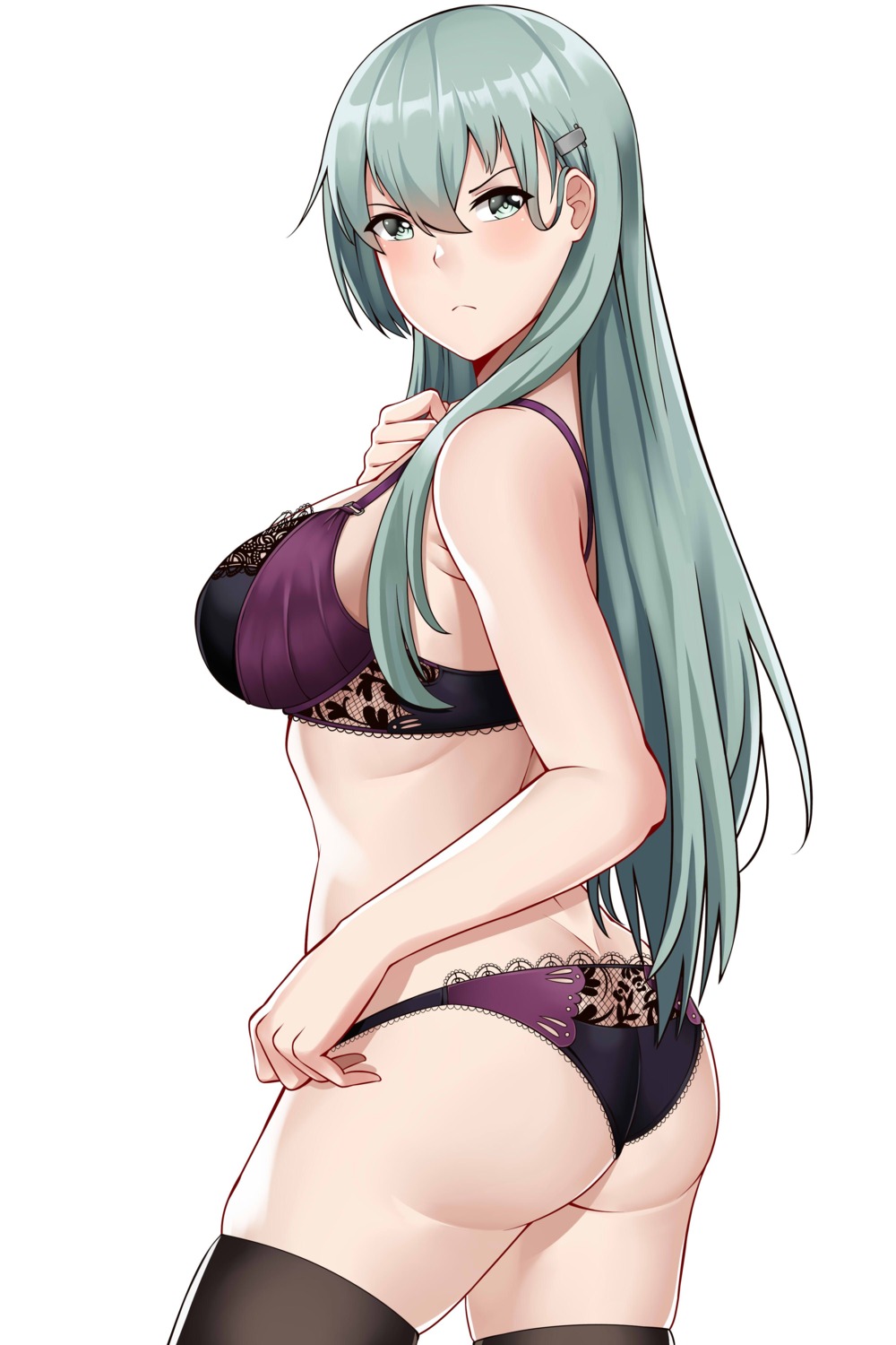 aslindsamure ass bra kantai_collection pantsu panty_pull suzuya_(kancolle) thighhighs undressing