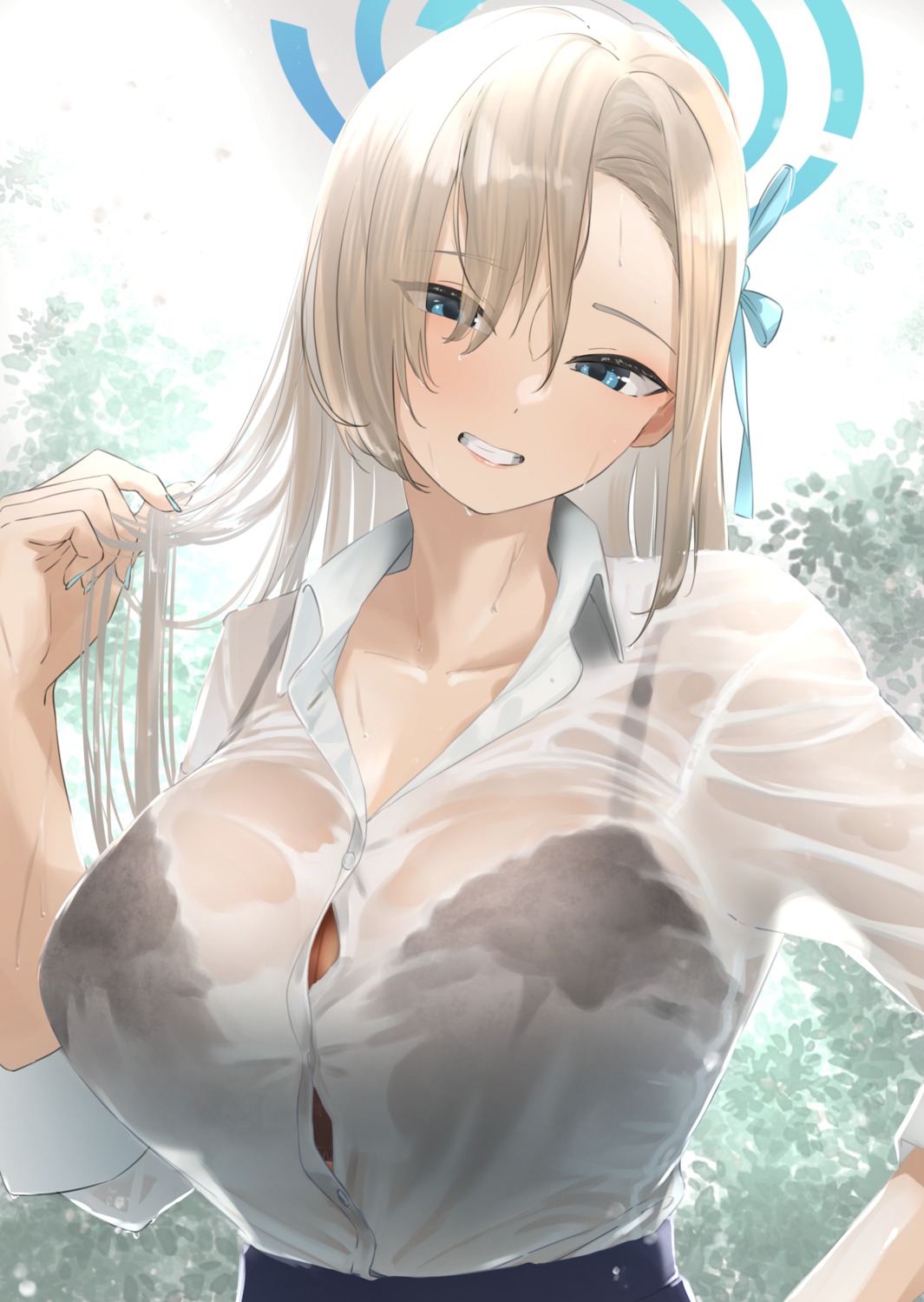 blue_archive bra halo ichinose_asuna open_shirt see_through seifuku tama_(seiga46239239) wet_clothes