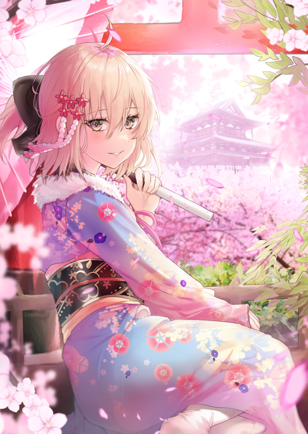 fate/grand_order kanniiepan kimono okita_souji_(fate) umbrella