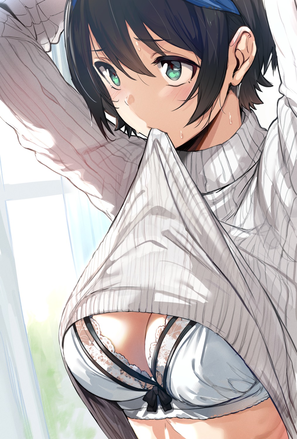 bra cleavage hews kanojo_okarishimasu sarashina_ruka shirt_lift sweater undressing