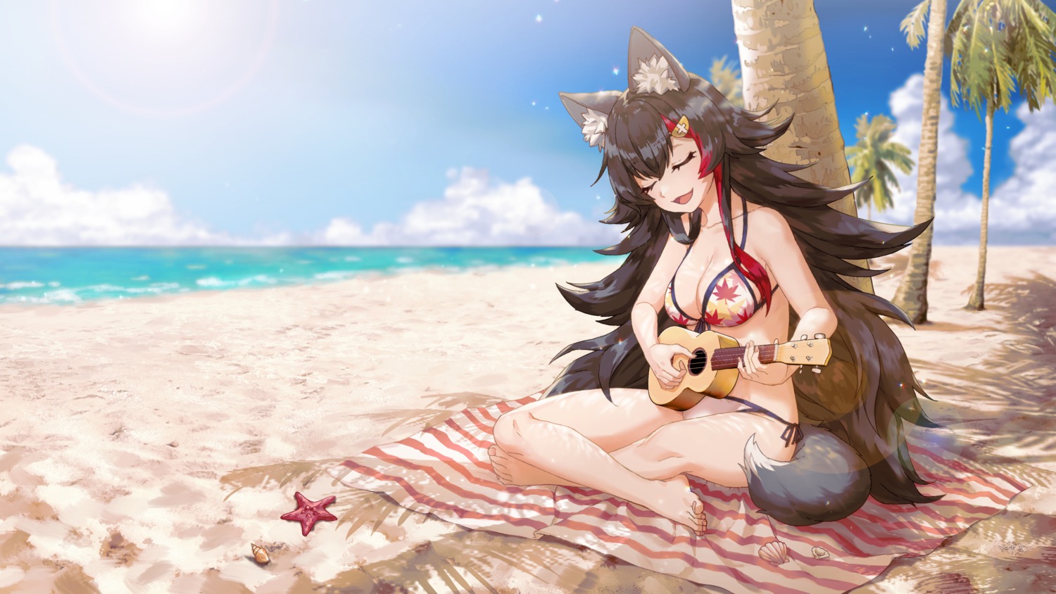 aesice animal_ears bikini guitar hololive hololive_gamers ookami_mio swimsuits tail