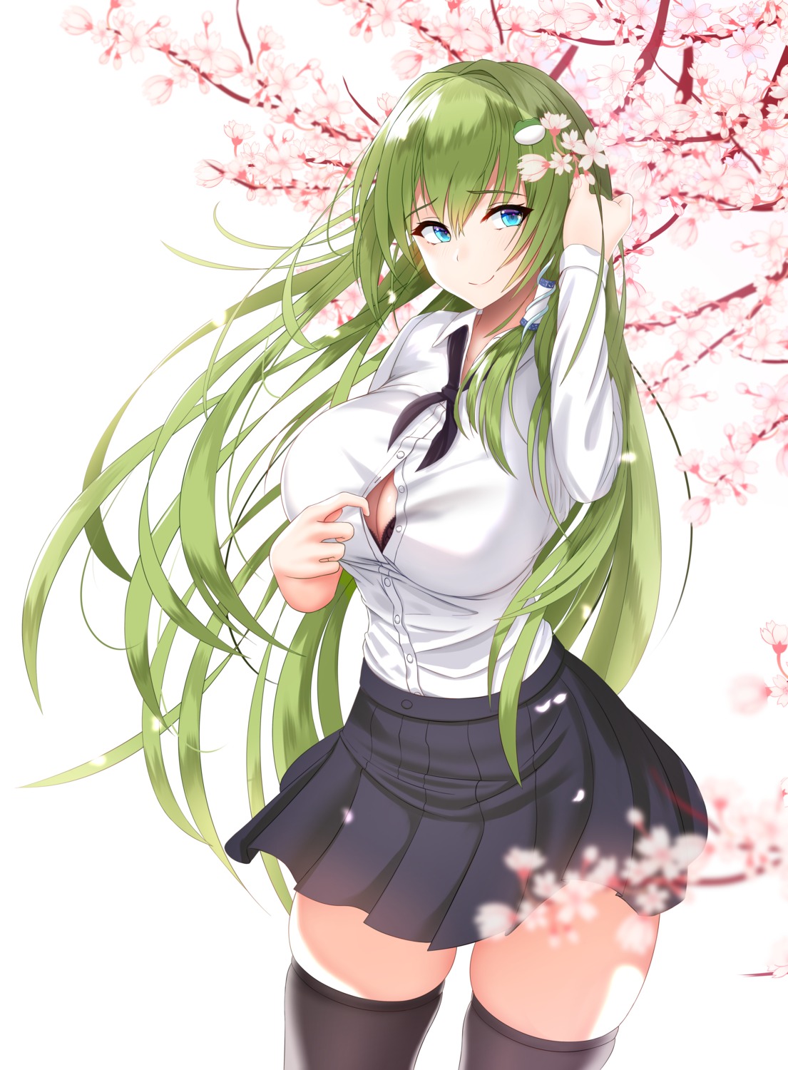 bra cleavage damao_yu kochiya_sanae open_shirt seifuku thighhighs touhou