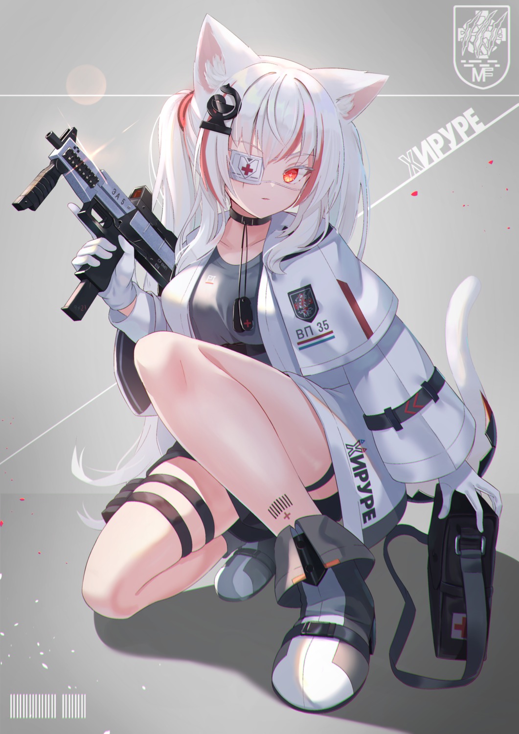 animal_ears eyepatch garter gun mirufuaa nekomimi tail tattoo