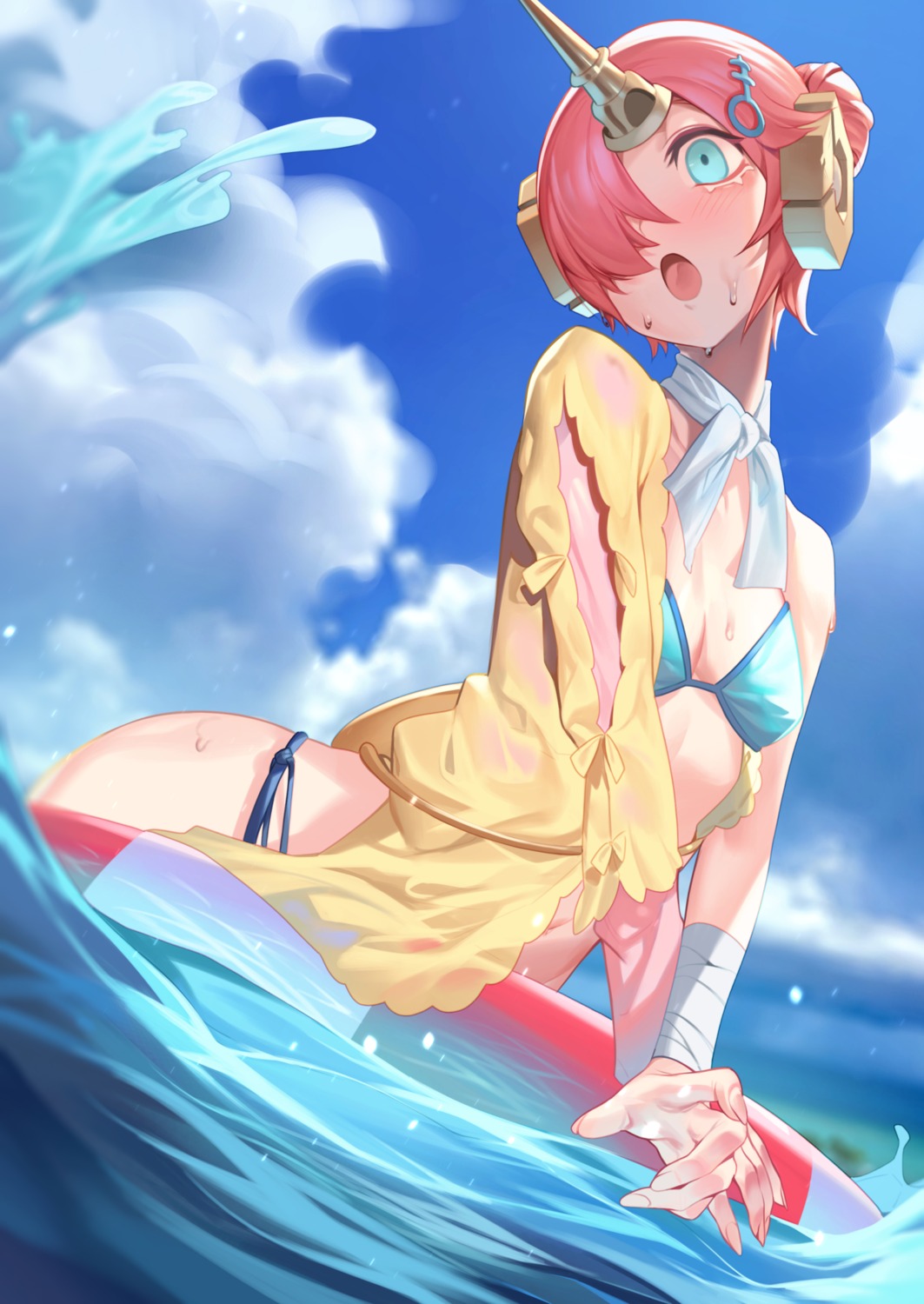 bandages bikini fate/grand_order frankenstein's_monster_(fate) horns open_shirt sb_lama swimsuits wet