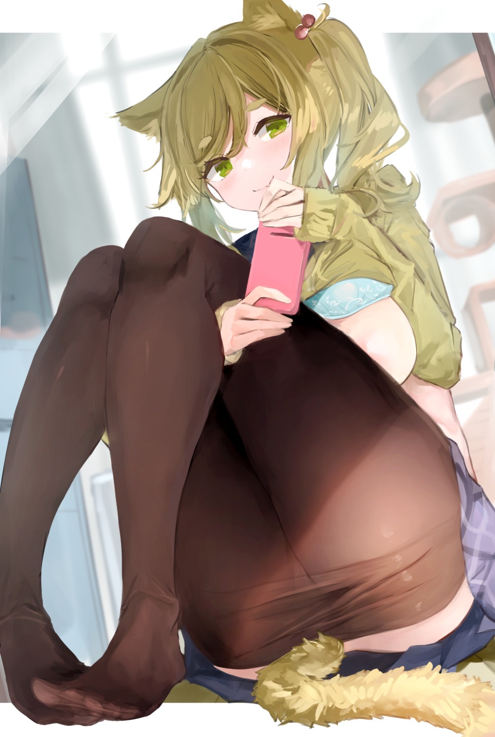 7gao animal_ears bra feet inuyama_aoi nekomimi nopan pantyhose seifuku shirt_lift skirt_lift sweater tail yurucamp