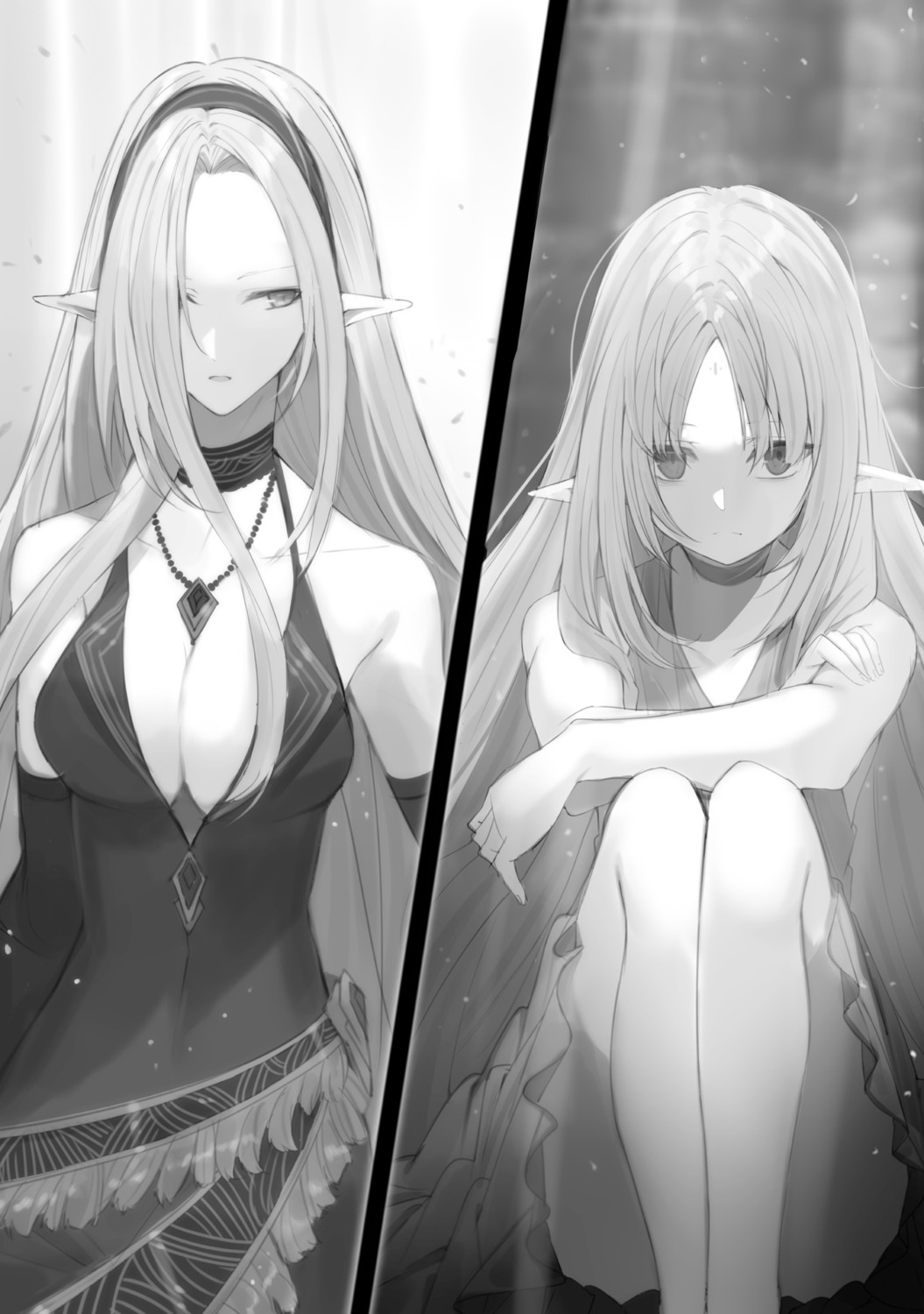 alpha_(kagejitsu) dress elf kage_no_jitsuryokusha_ni_naritakute! monochrome no_bra olivier_(kagejitsu) pointy_ears skirt_lift touzai