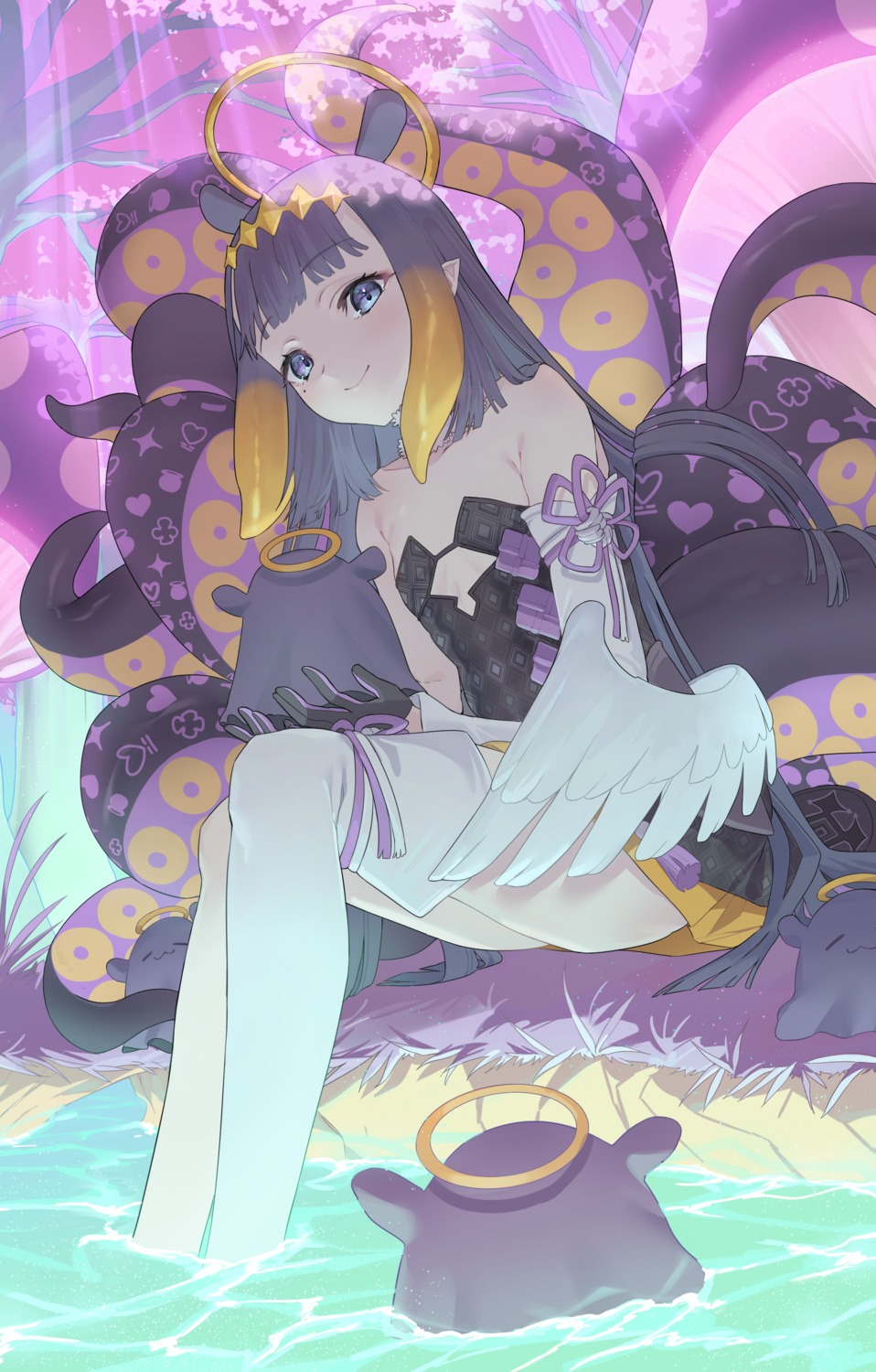 angel animal_ears applepie_(12711019) dress hololive hololive_english loli ninomae_ina'nis tentacles wet wings