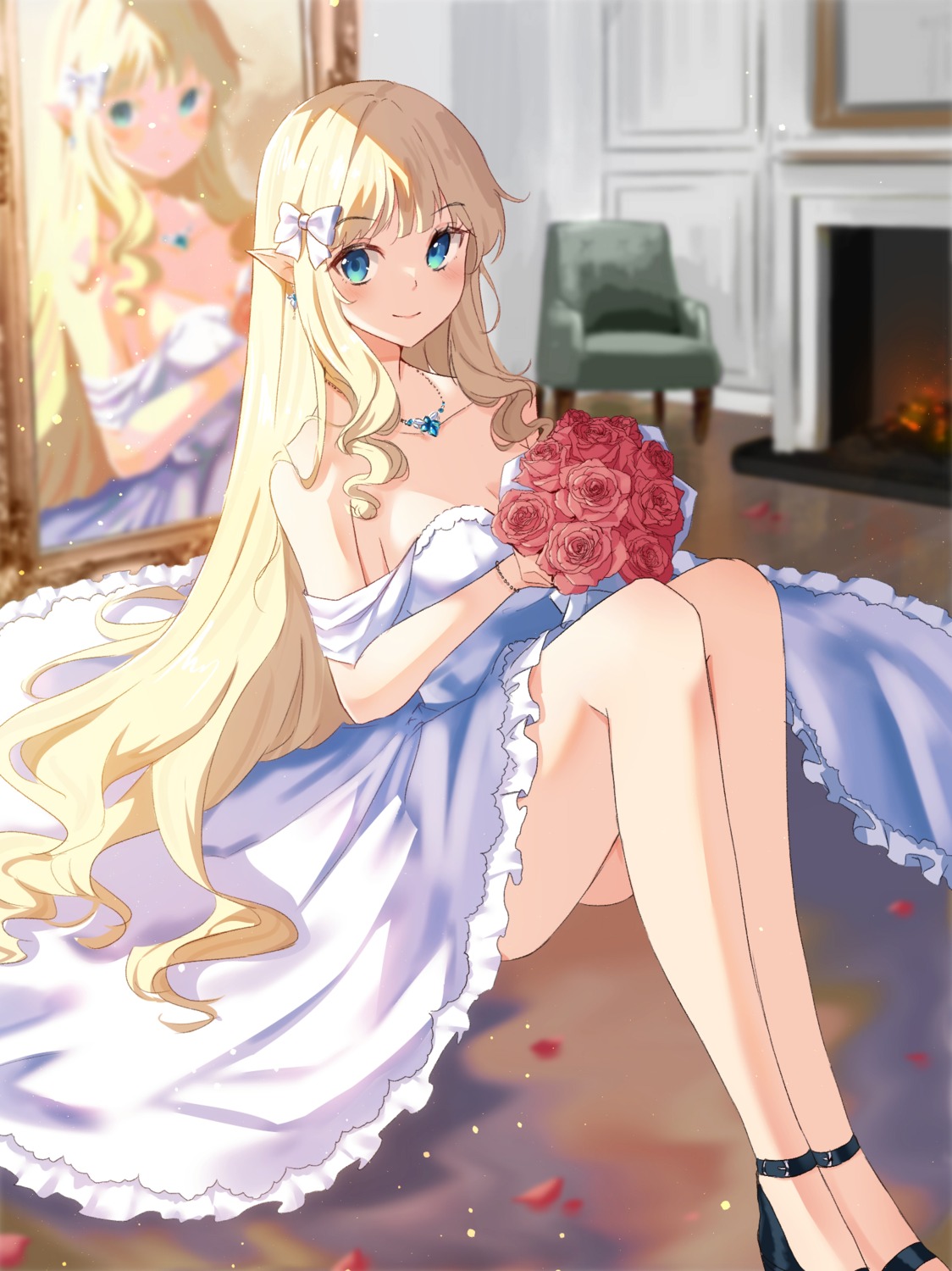 dress holmemee no_bra pointy_ears princess_connect princess_connect!_re:dive sasaki_saren wedding_dress