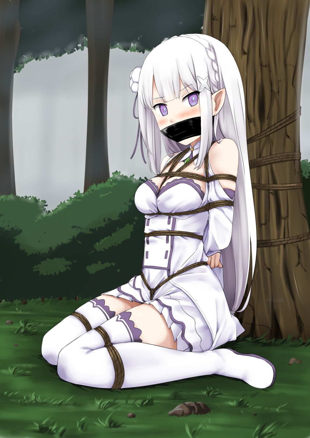 bondage elf emilia_(re_zero) kertasu pointy_ears re_zero_kara_hajimeru_isekai_seikatsu skirt_lift thighhighs