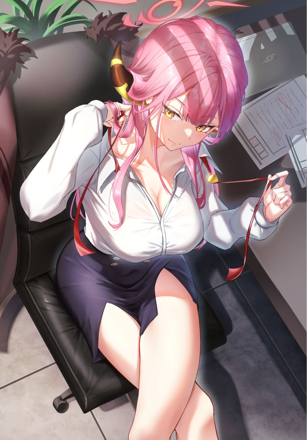 blue_archive cleavage dress_shirt halo horns kinoyama_(0202) open_shirt rikuhachima_aru undressing