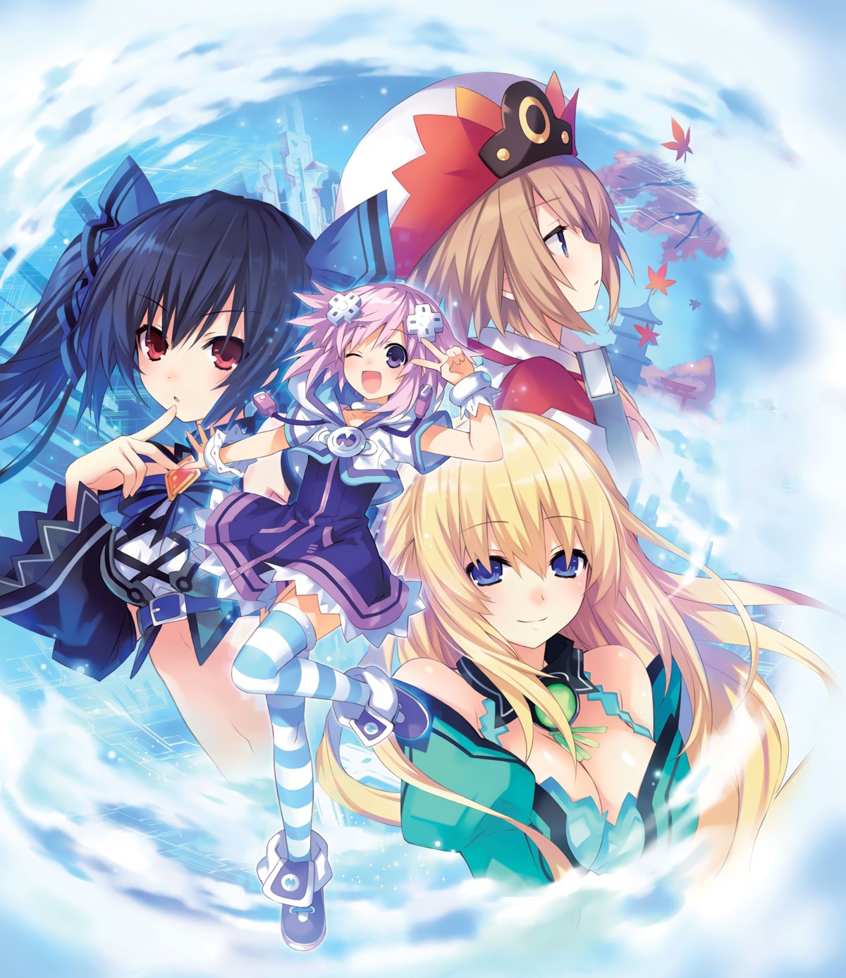 blanc choujigen_game_neptune cleavage dress kami_jigen_game_neptune_v neptune noire thighhighs tsunako vert