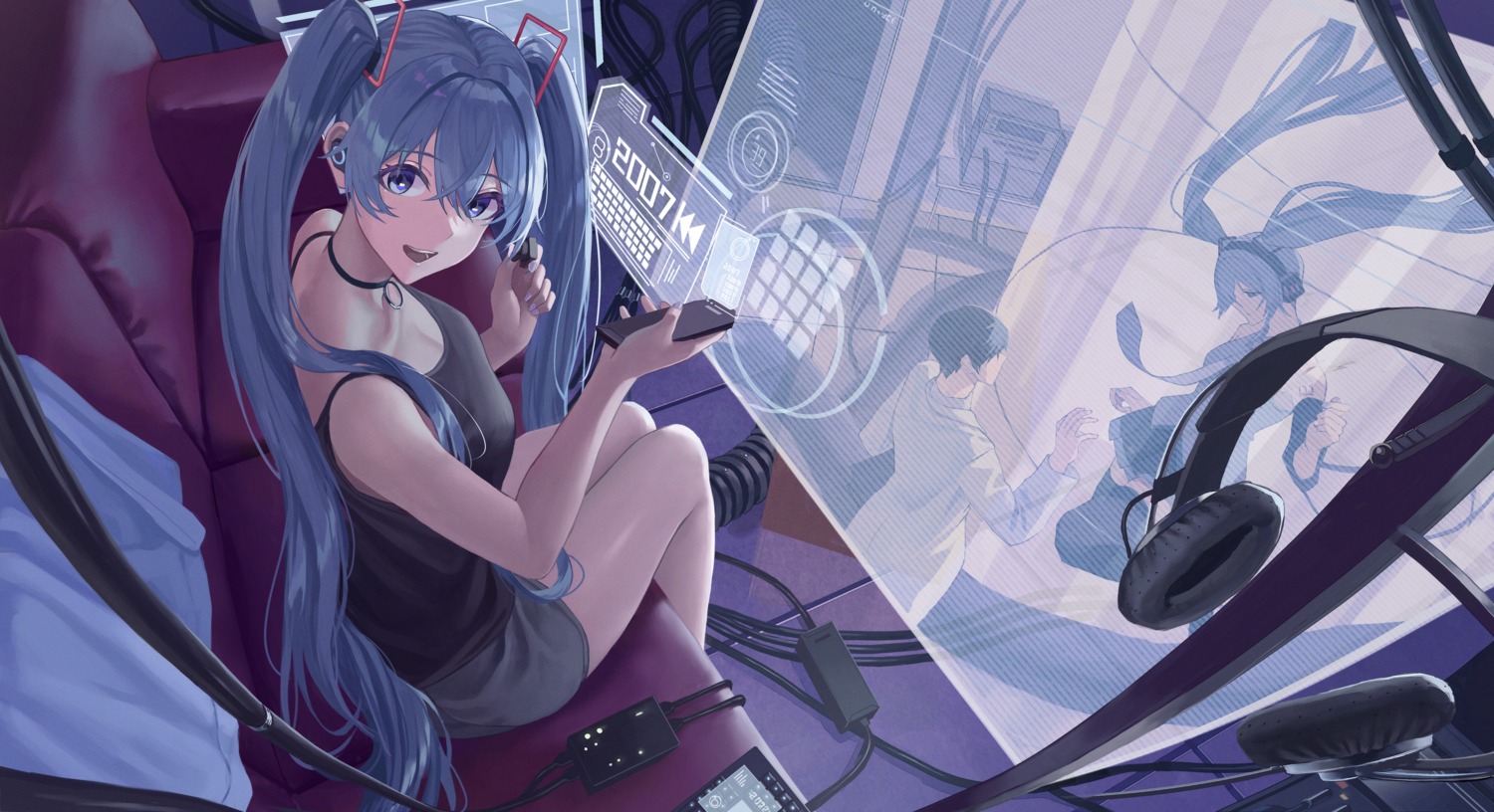 hatsune_miku headphones saba-kann_(kannsaba) tattoo thighhighs vocaloid