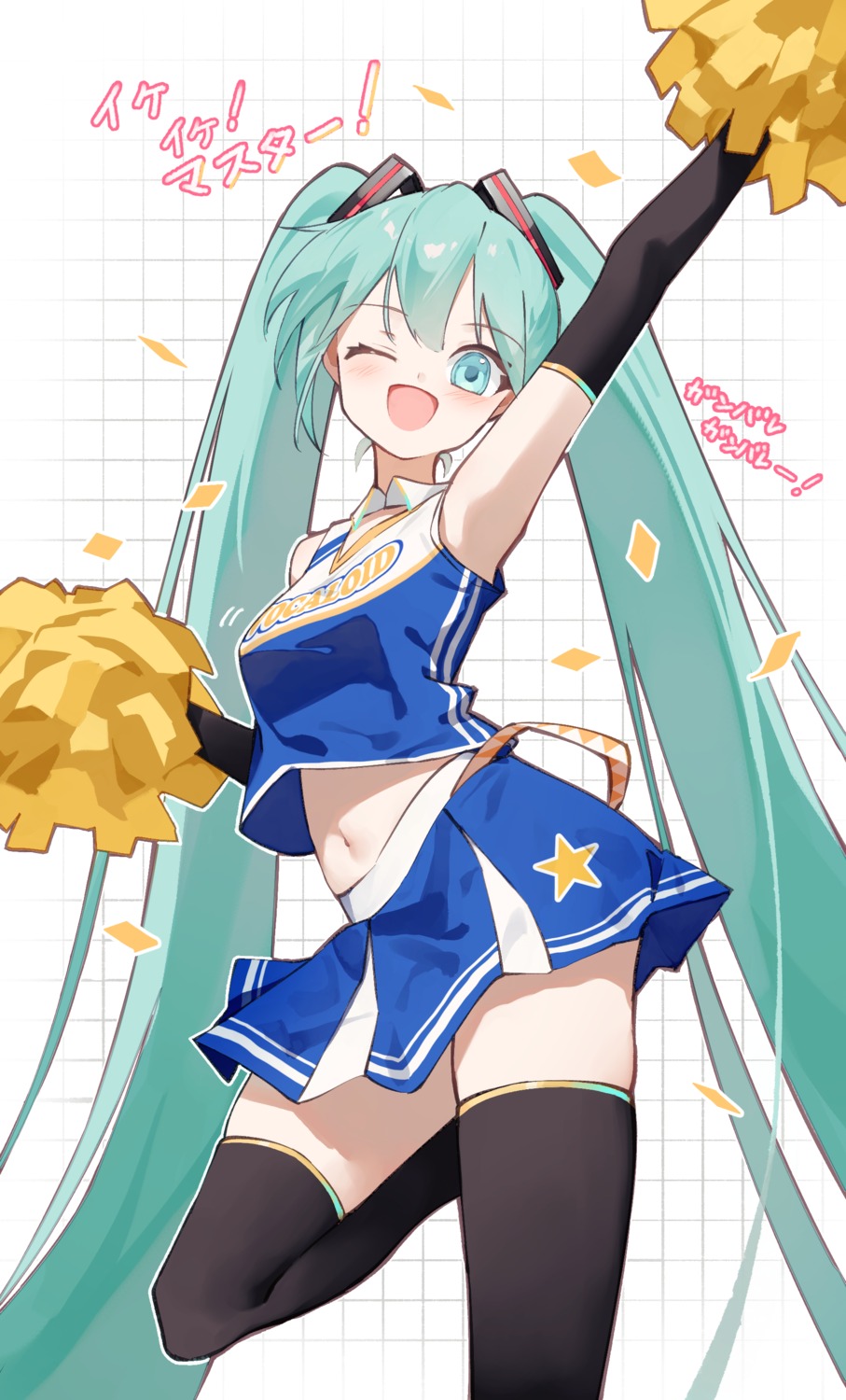 cheerleader hatsune_miku shun'ya_(daisharin36) skirt_lift thighhighs vocaloid