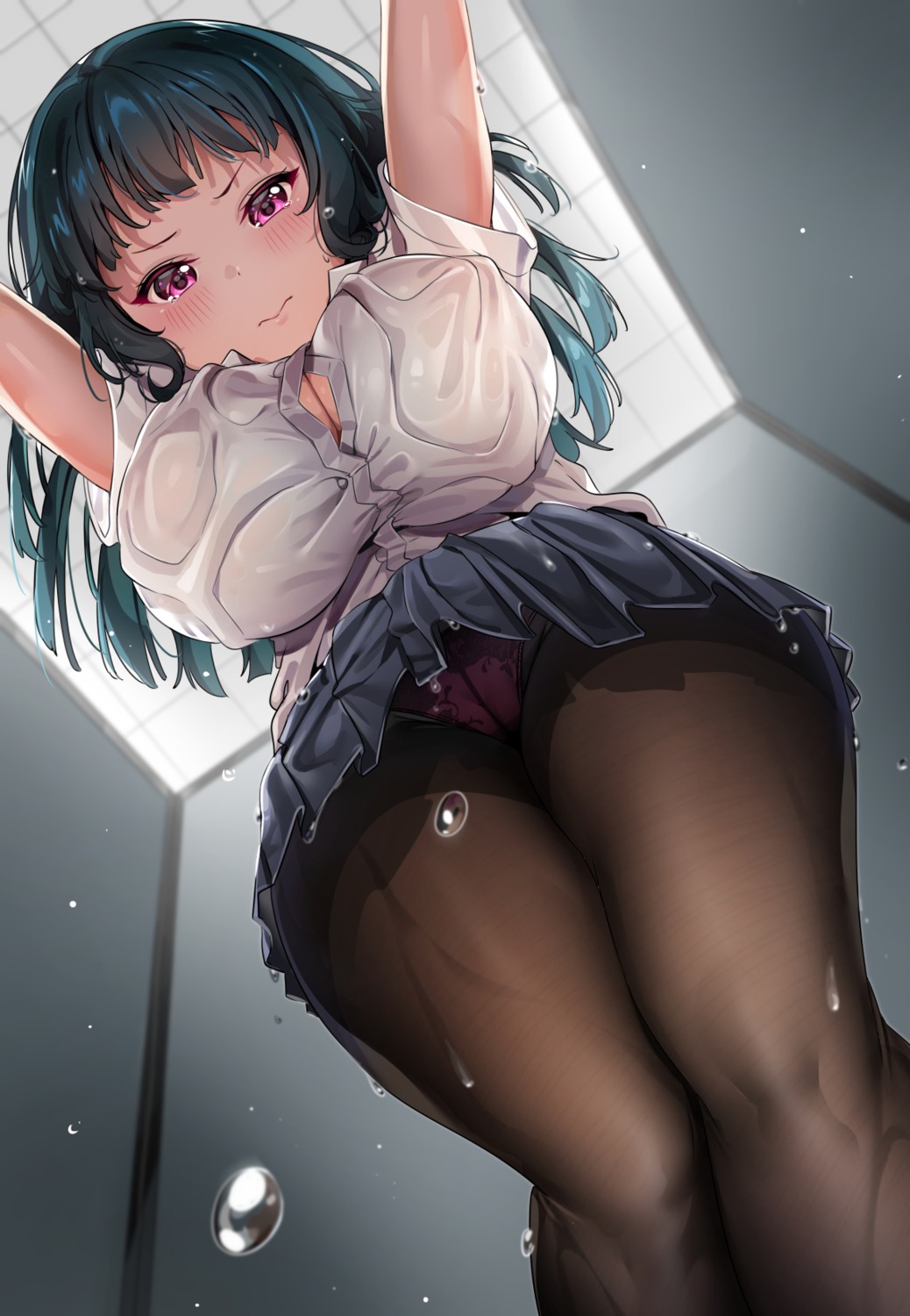 love_live!_sunshine!! pantsu pantyhose seifuku skirt_lift tem10 tsushima_yoshiko wet wet_clothes