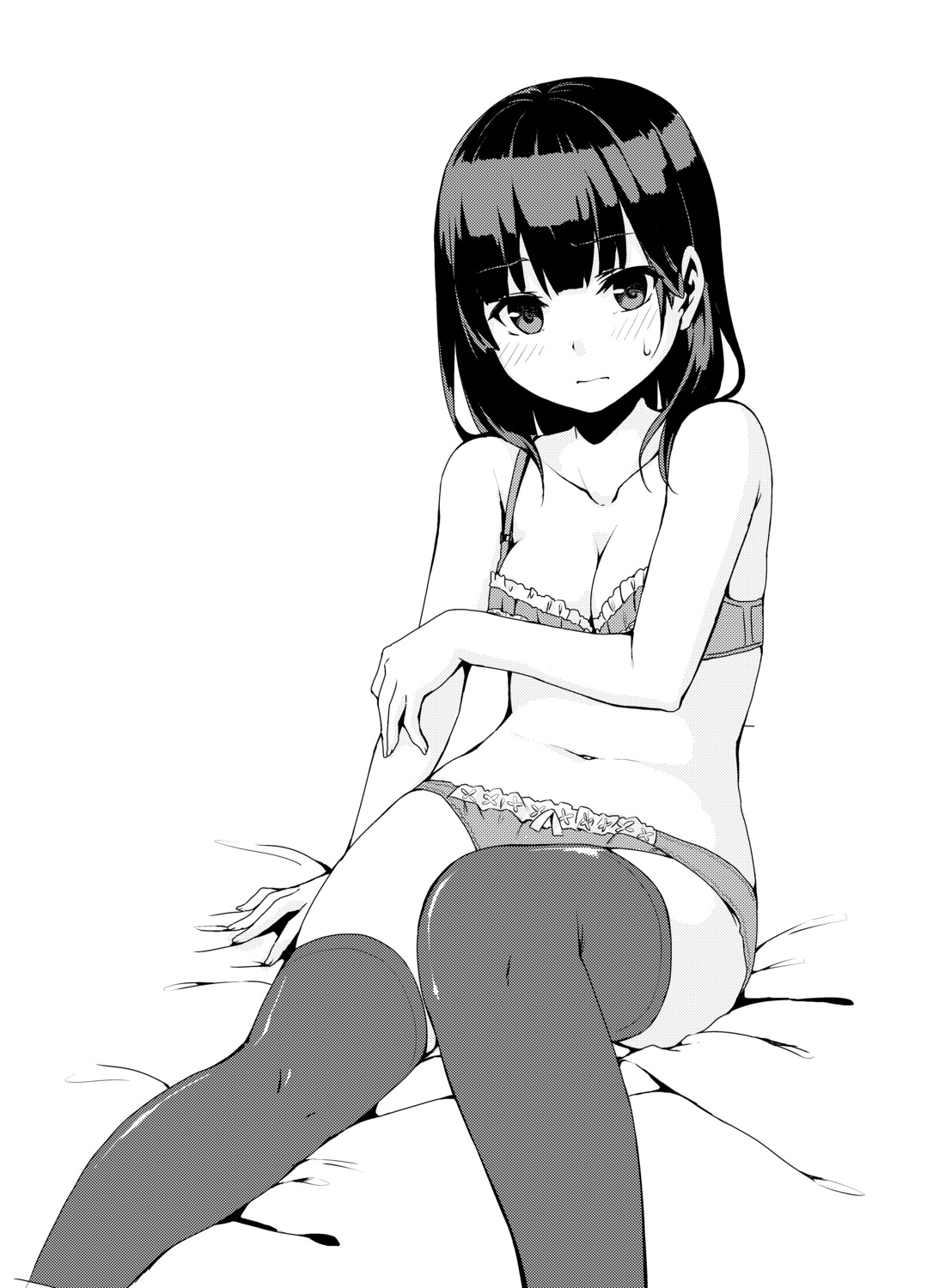 bra breast_hold cleavage monochrome pantsu screening thighhighs unasaka