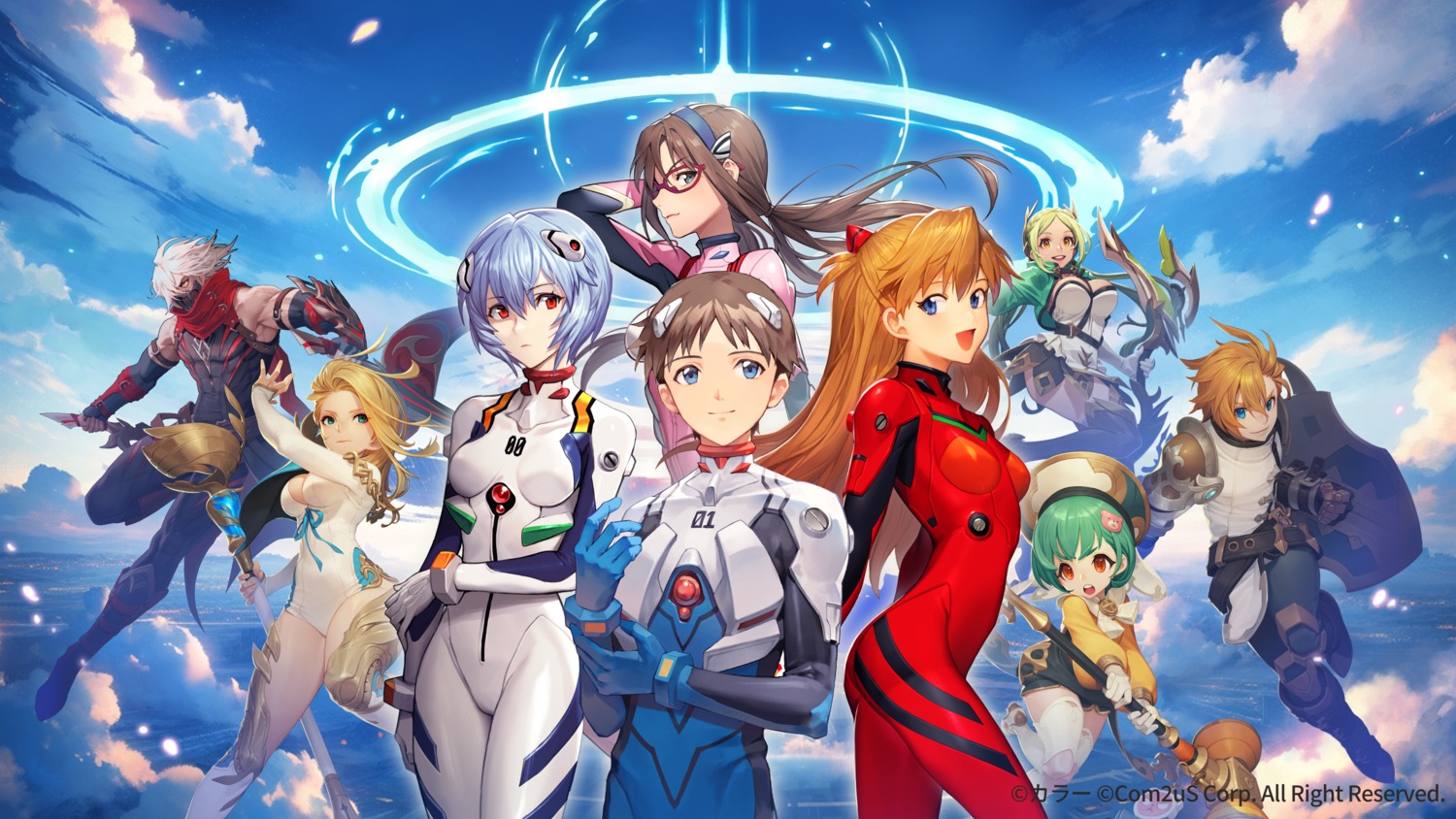 armor ayanami_rei bodysuit crossover ikari_shinji makinami_mari_illustrious megane neon_genesis_evangelion no_bra souryuu_asuka_langley summoners_war tagme thighhighs weapon