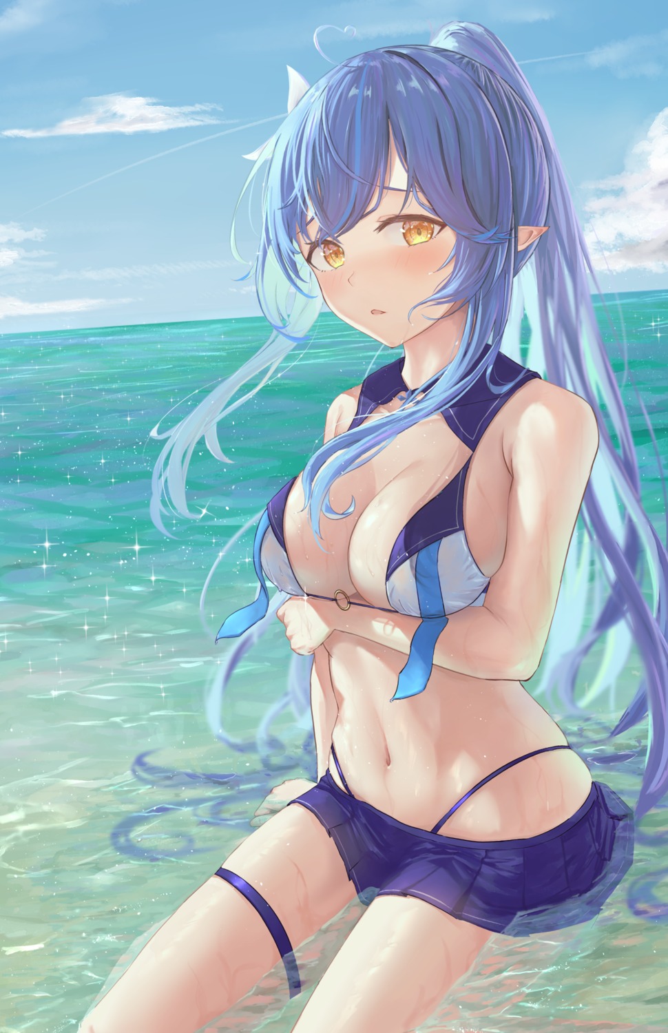 bikini elf garter hololive pointy_ears sprygon swimsuits wet yukihana_lamy