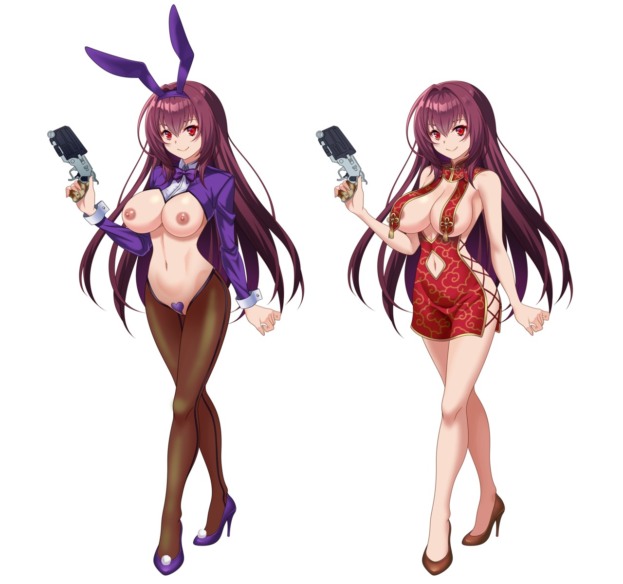 animal_ears areola asian_clothes breasts bunny_ears bunny_girl fate/grand_order gun heels maebari nipples no_bra nopan pantyhose scathach_(fate/grand_order) sirano_(artist)