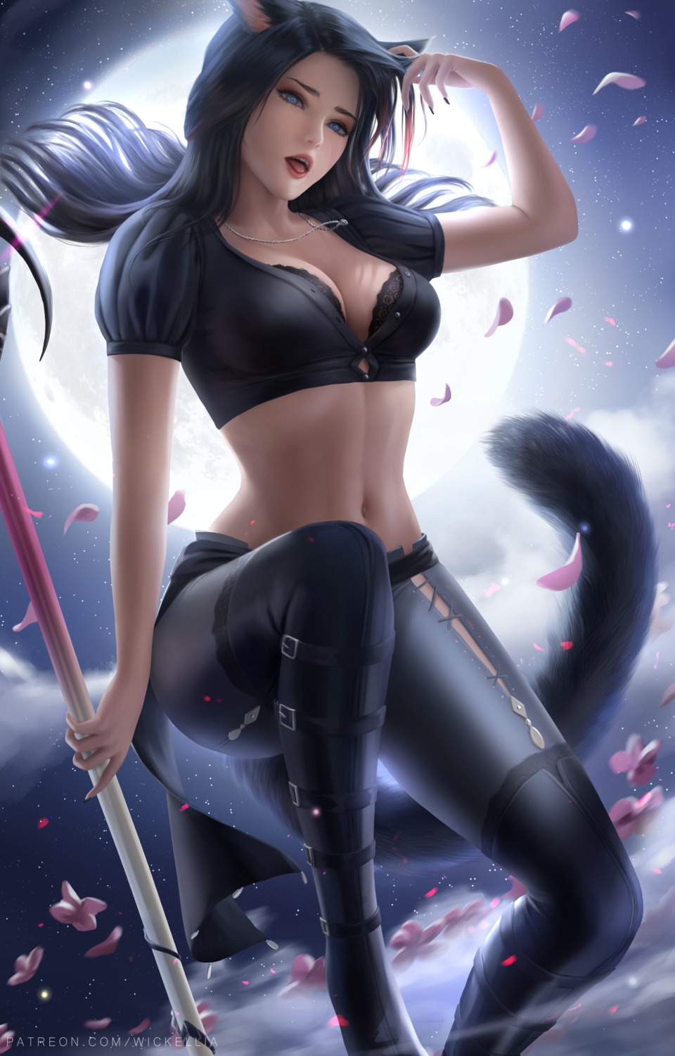 animal_ears bra final_fantasy final_fantasy_xiv miqo'te open_shirt tail weapon wickellia