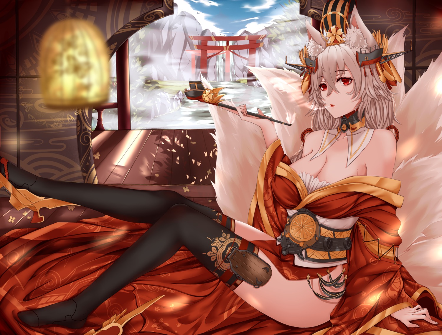 animal_ears azur_lane dishwasher1910 japanese_clothes no_bra nopan skirt_lift smoking tail thighhighs yamato_(azur_lane)