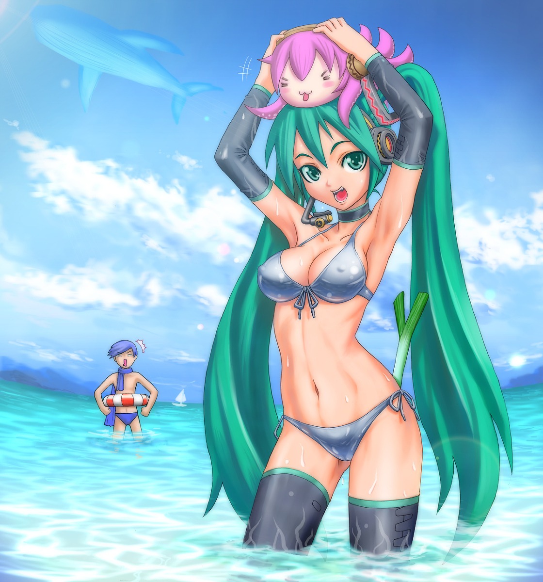 bikini cleavage erect_nipples hatsune_miku kaito megurine_luka shu_(la-placetick) swimsuits takoluka thighhighs vocaloid wet