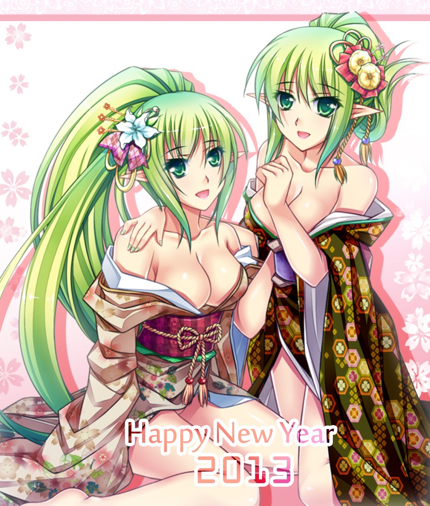 cleavage elf elsword kimono kirara0831 no_bra pointy_ears rena_(elsword)