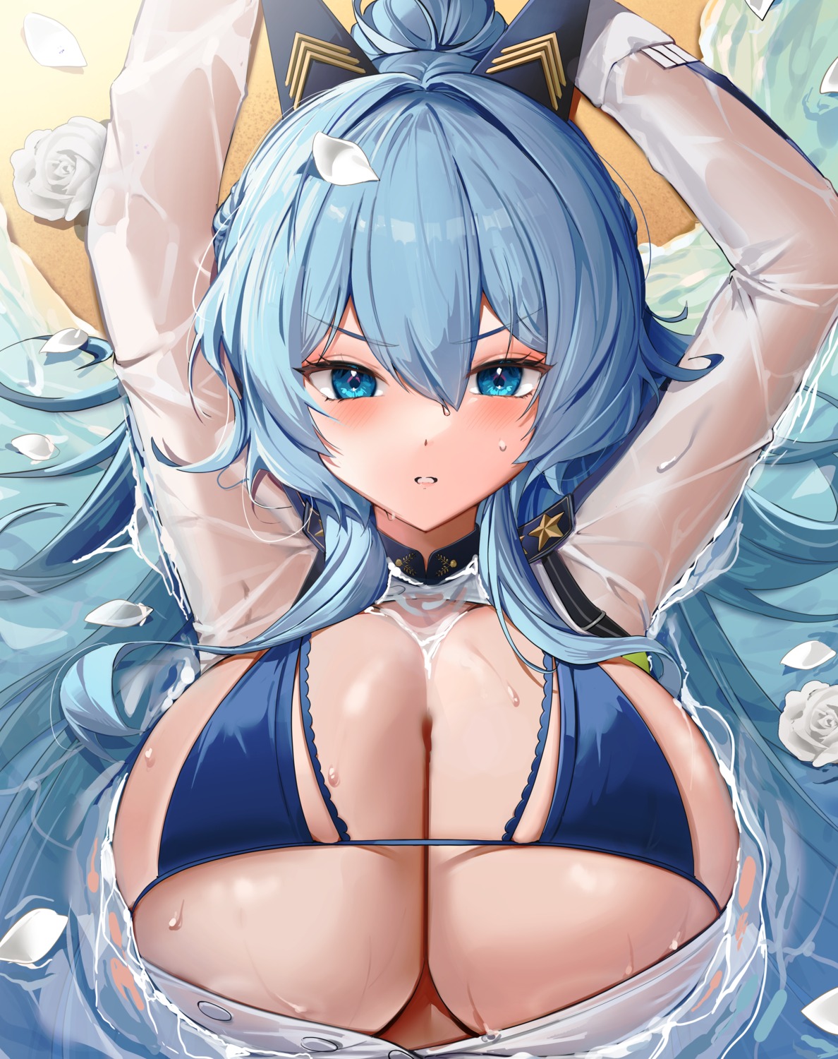 bikini_top helm nikke_the_goddess_of_victory open_shirt see_through somyo_(neku) swimsuits uniform wet wet_clothes