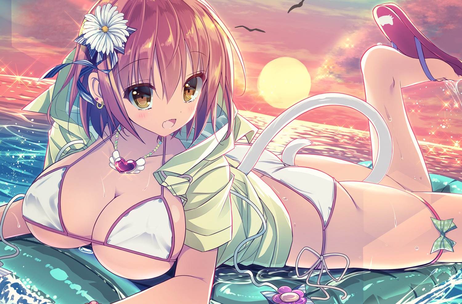 bikini cleavage erect_nipples open_shirt shiwasu_horio swimsuits tail underboob wet