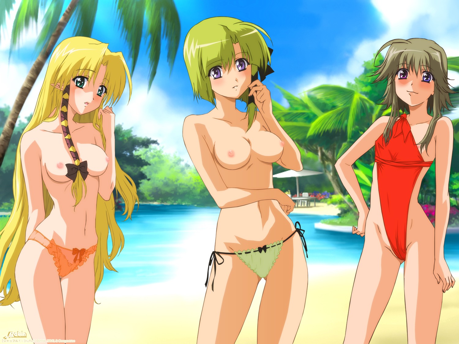 cameltoe erect_nipples heterochromia hosoda_naoto kareha kojima_chika mayumi_thyme nipple_slip nipples pantsu photoshop pointy_ears shigure_asa shuffle string_panties swimsuits topless wallpaper watermark