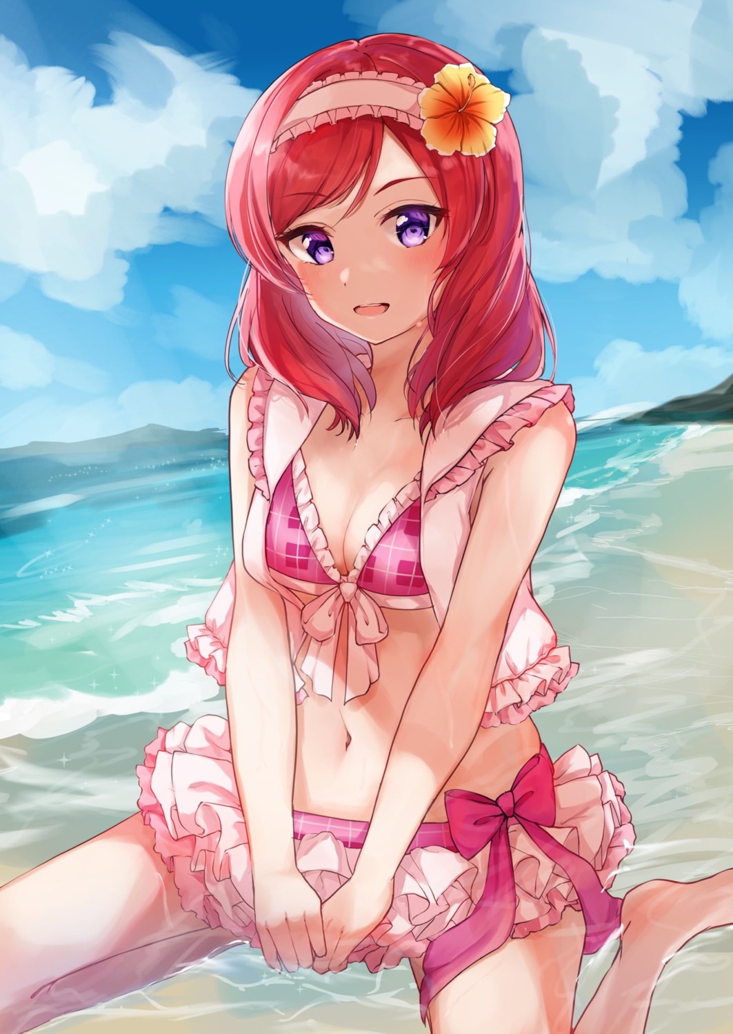 bikini cleavage love_live! nishikino_maki open_shirt swimsuits wet yoshinon_(yoshinon_kotori)