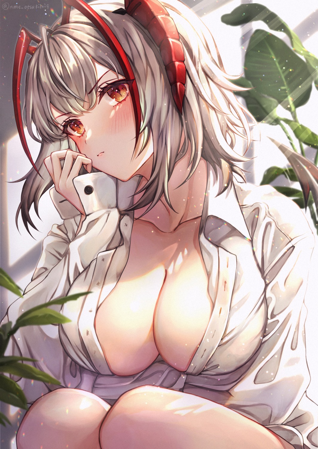 arknights dress_shirt horns no_bra open_shirt tail tamaso w_(arknights)