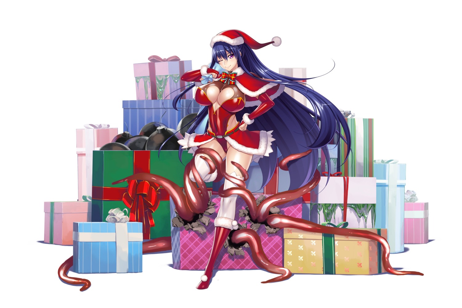 akiyama_rinko aoi_nagisa_(artist) christmas cleavage leotard no_bra taimanin_yukikaze tentacles thighhighs