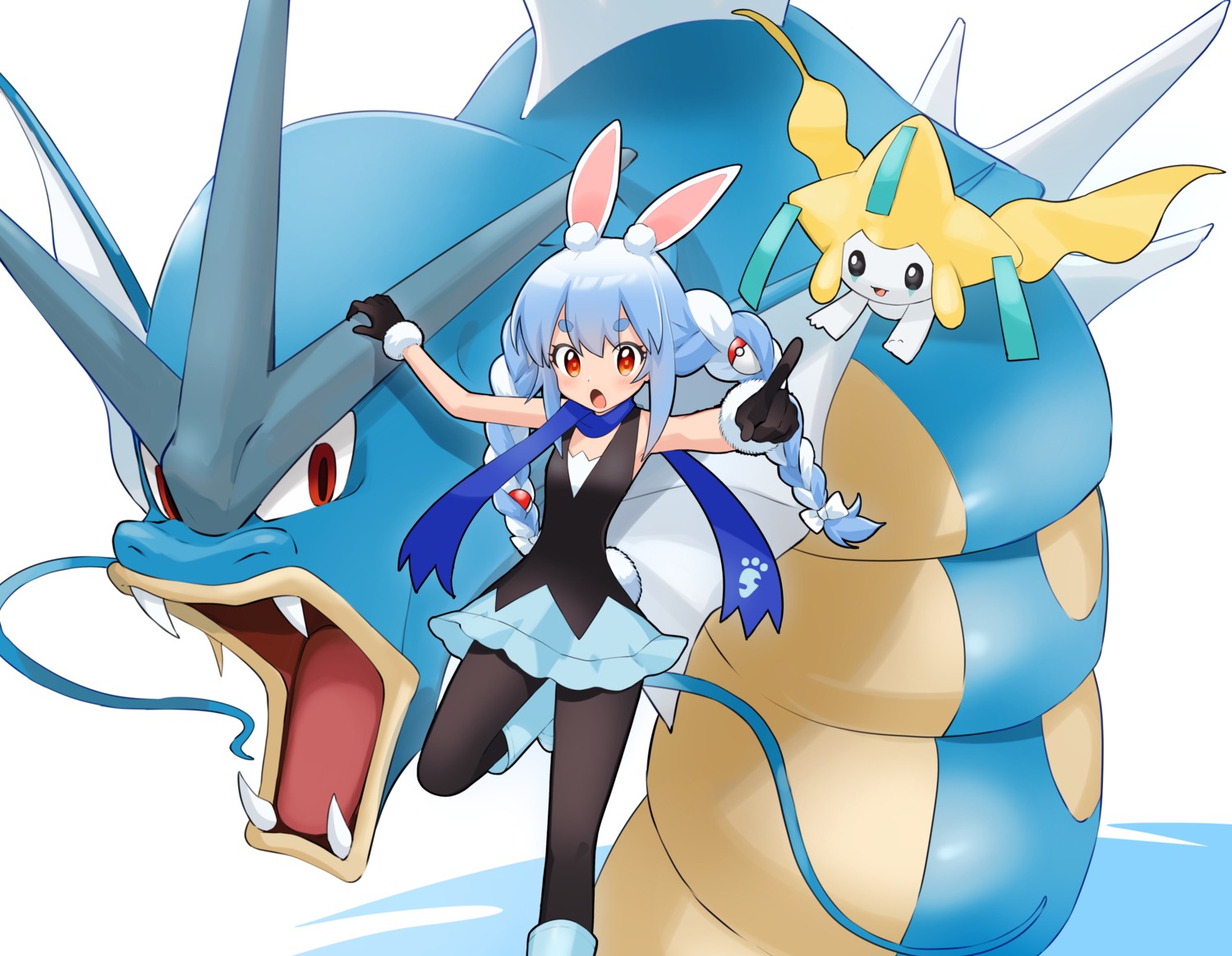 animal_ears bunny_ears crossover gotou_(nekocat) gyarados hololive jirachi pantyhose pokemon tail usada_pekora