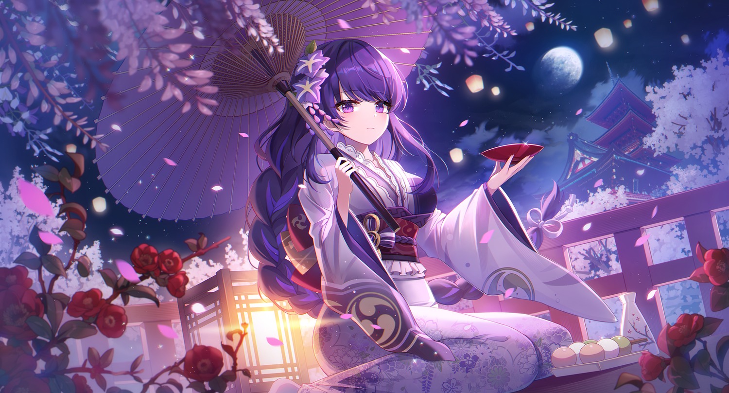 genshin_impact hayun kimono raiden_shogun sake umbrella