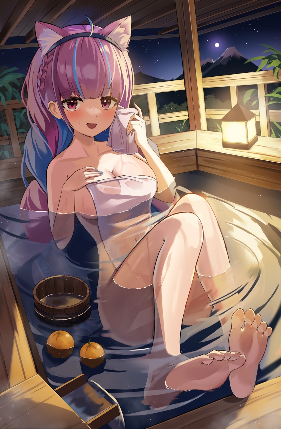 animal_ears bathing feet hololive iv_(iv70311741) minato_aqua naked nekomimi onsen towel wet