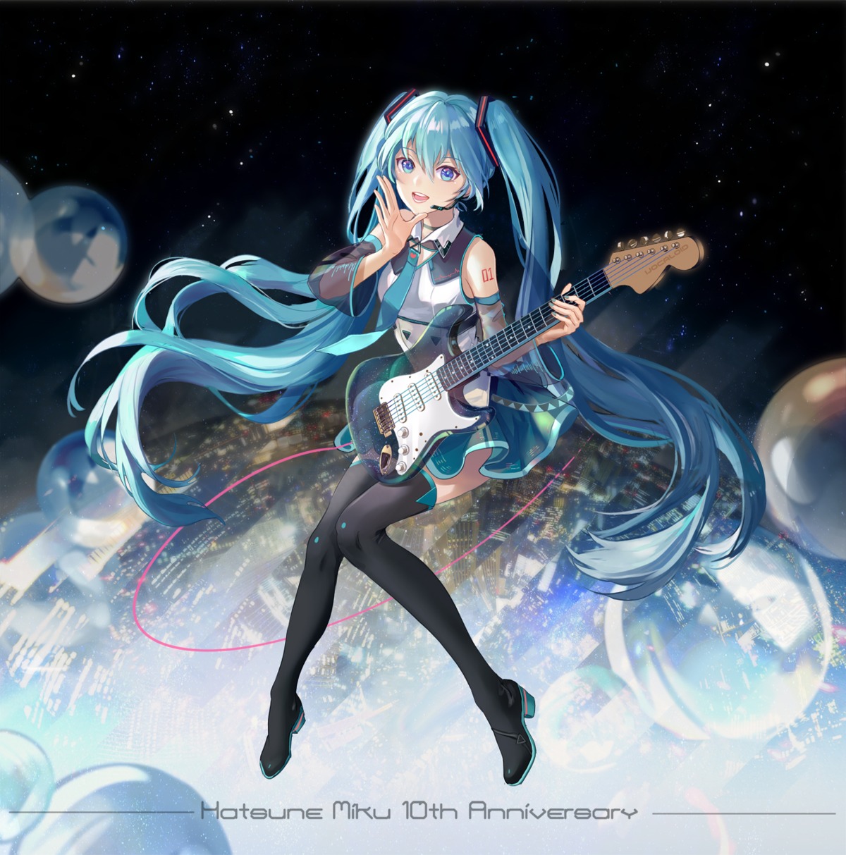 guitar hatsune_miku heels kirayoci tattoo thighhighs vocaloid