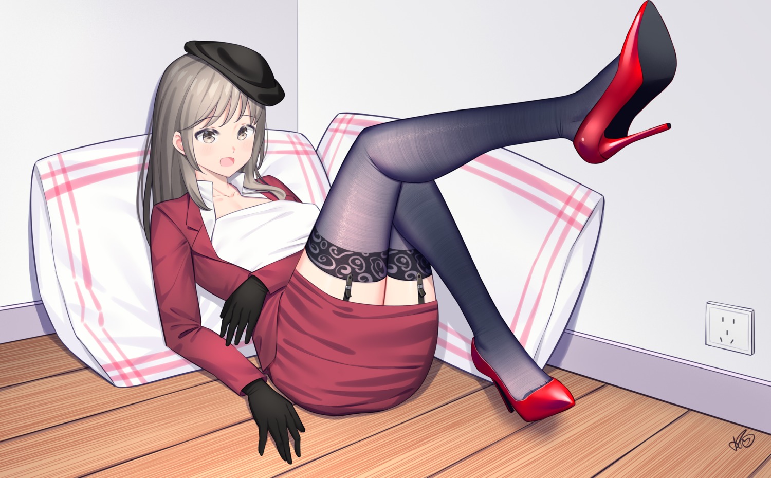 business_suit girls_und_panzer heels konishi_(565112307) shimada_chiyo skirt_lift stockings thighhighs