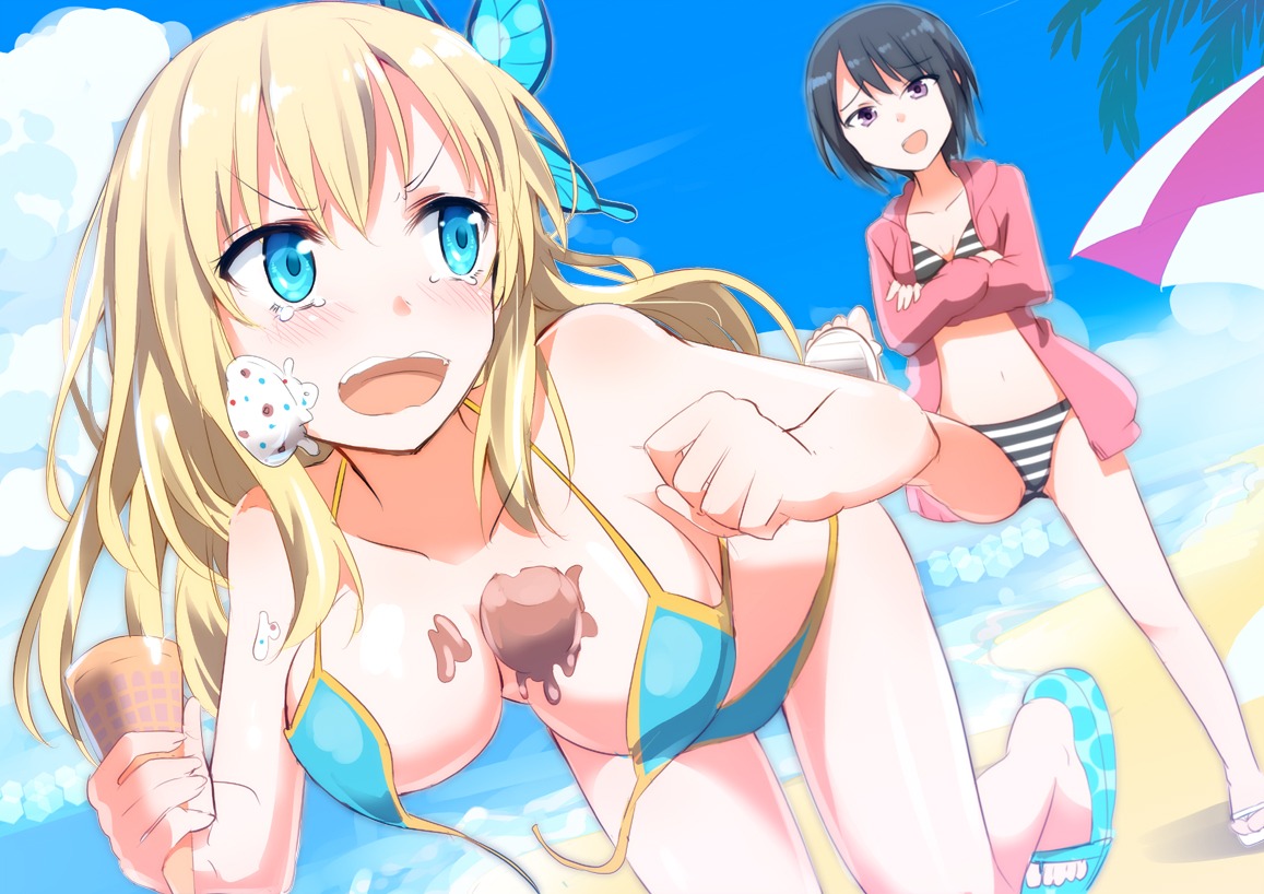 bikini boku_wa_tomodachi_ga_sukunai cleavage cream gochou_(comedia80) kashiwazaki_sena mikazuki_yozora swimsuits wardrobe_malfunction