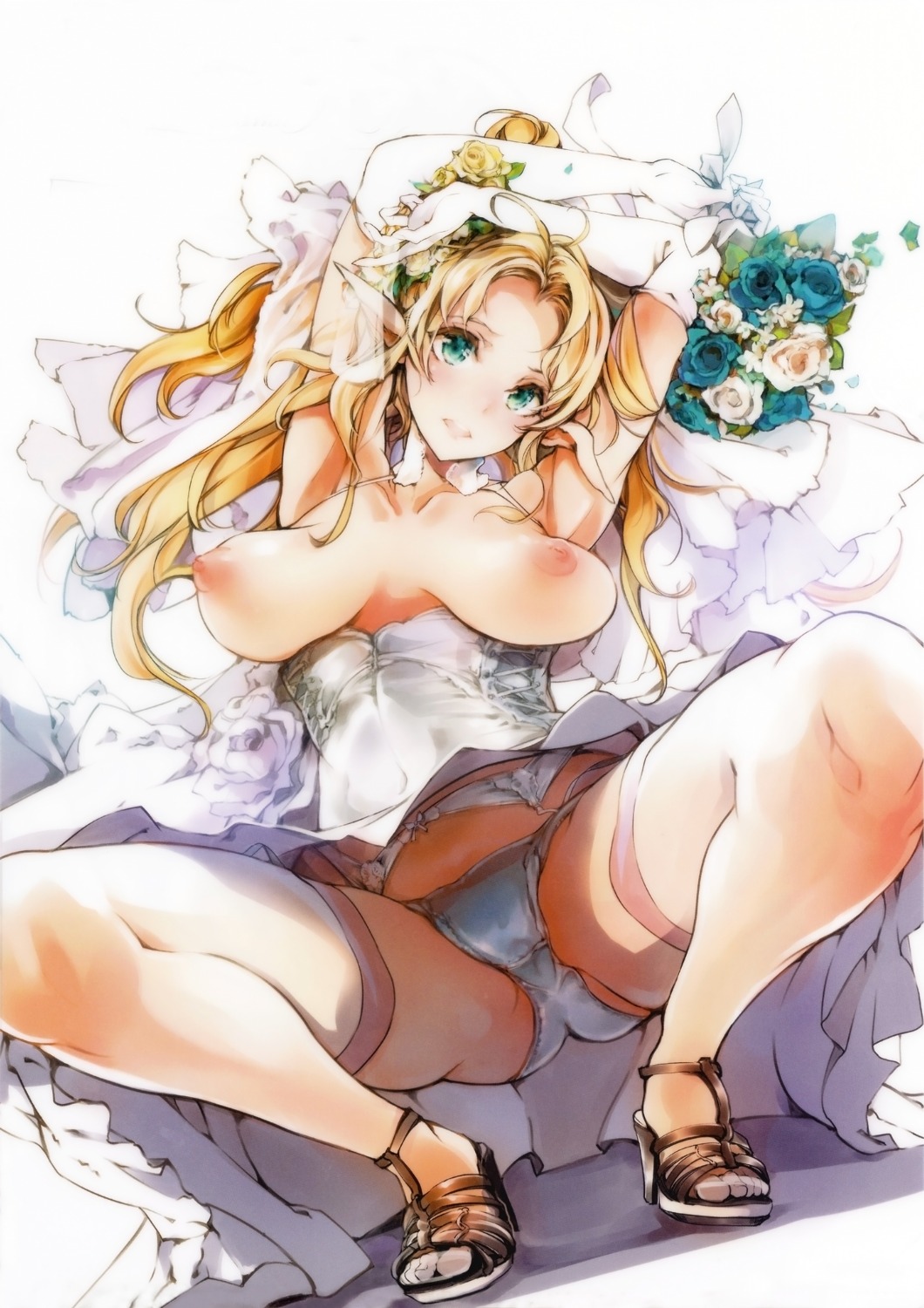 breasts dress elf endou_okito garter_belt heels nipples no_bra open_shirt pantsu pointy_ears stockings thighhighs wedding_dress