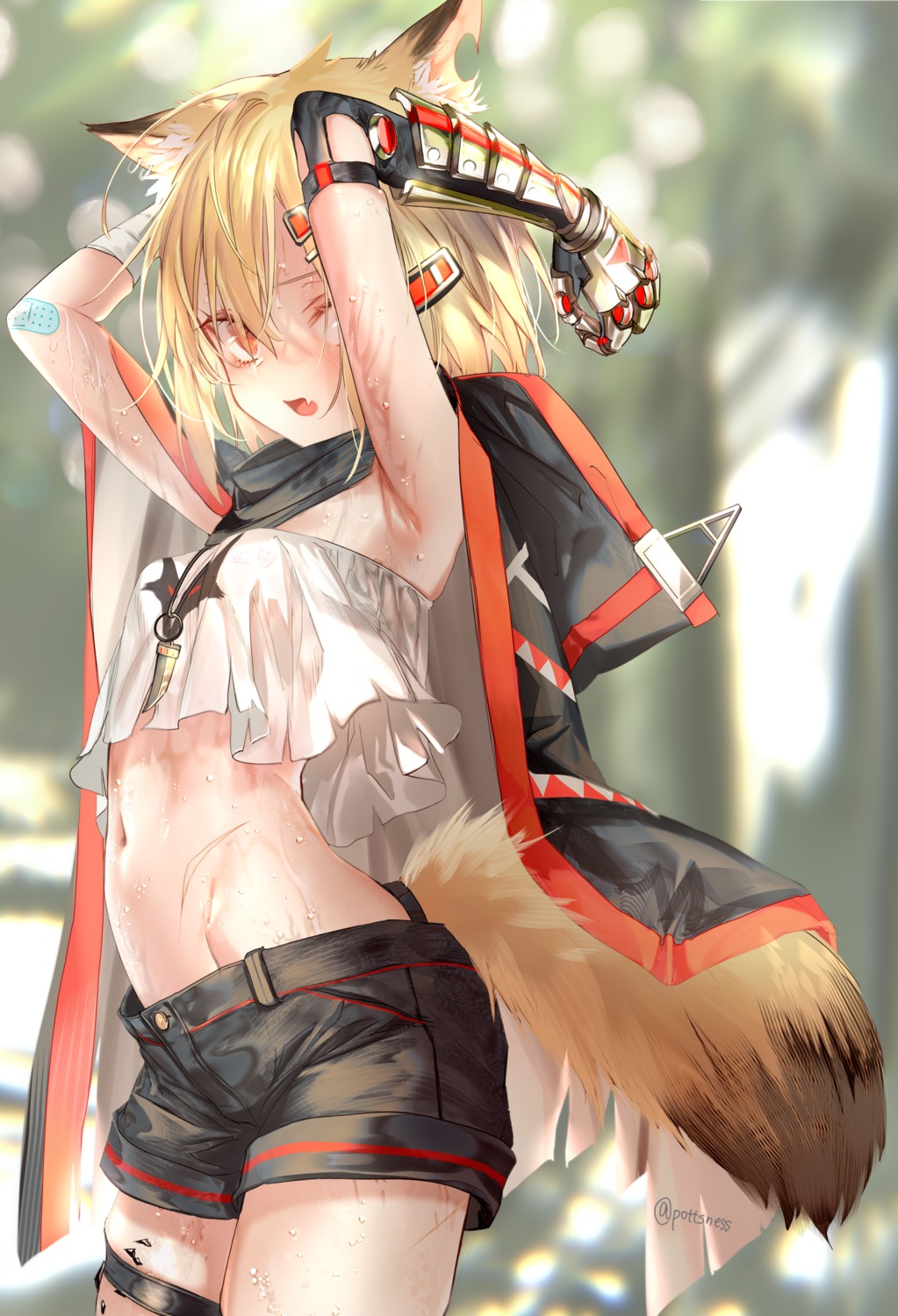 animal_ears arknights armor bandaid garter no_bra nopan pottsness see_through tail torn_clothes vermeil_(arknights) wet