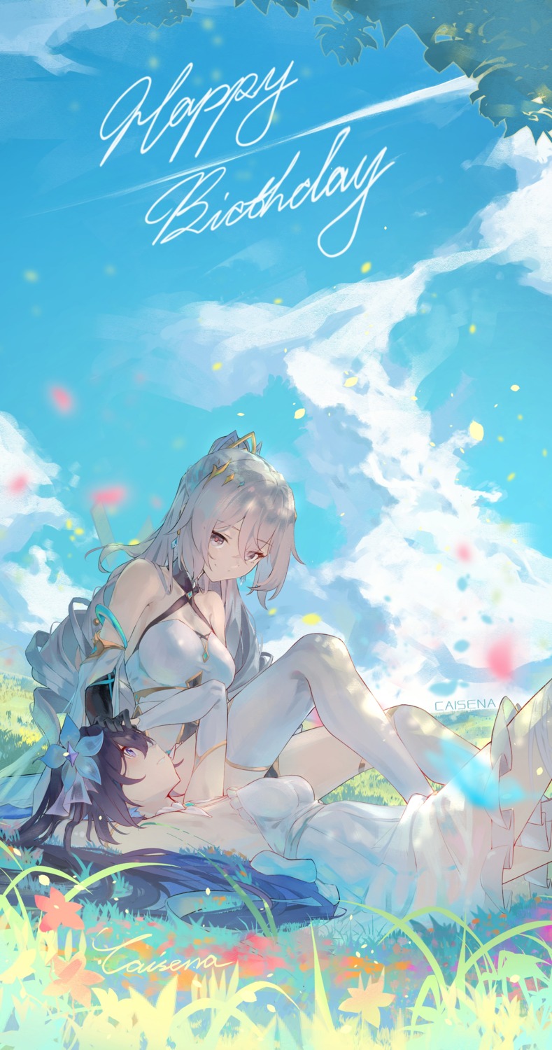 benghuai_xueyuan bronya_zaychik caisena dress honkai_impact seele_vollerei skirt_lift summer_dress thighhighs