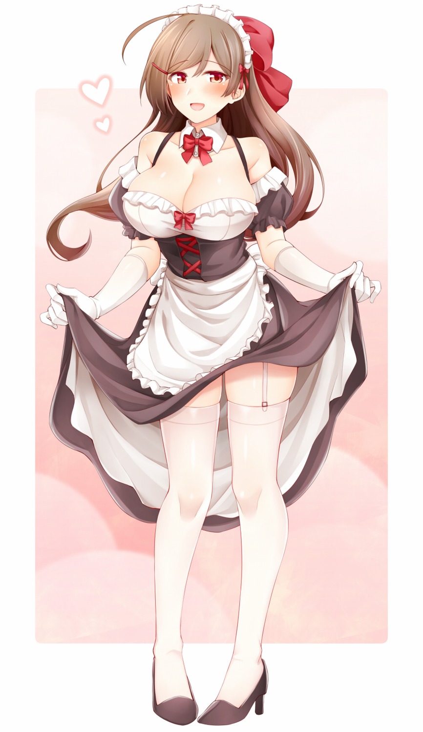 cleavage heels kantai_collection maid mamiya_(kancolle) no_bra rui_shi_(rayze_ray) skirt_lift stockings thighhighs